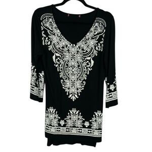 Marie Claire Boho Classic Floral Embroidered 3/4 Sleeve Tunic Top Medium Black